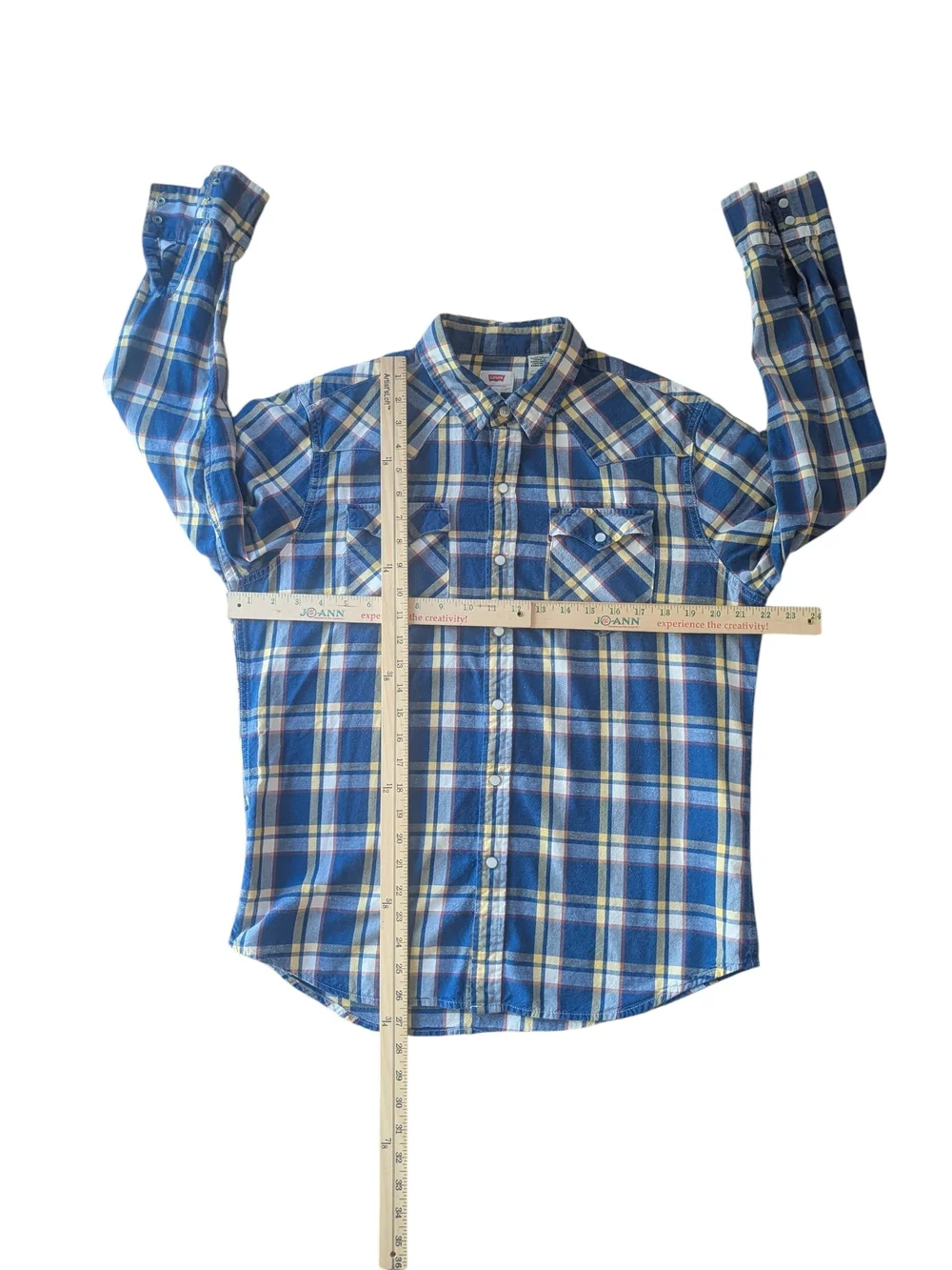 Levi's Mens Western Shirt Pearl Snap Plaid Blue Yellow White Yoke Large L 66986